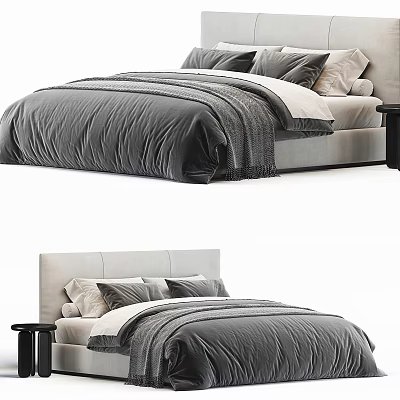 Modern Double Bed With Grey Bedding White Pillows Light Headboard And Nightstand 3d model