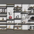 Modern Minimalist Shelving Unit With Wood And Metal Tiers Displaying Books Figurines And Decorative Accents