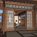 Traditional Japanese Restaurant Interior with Wooden Structure Shoji Screens Bar Counter Lanterns and Wine Racks