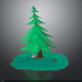 Green Pine Tree with Layered Foliage on Light Green Base and Two Small Animals 3d model