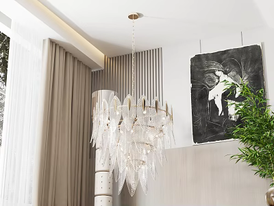 Transparent Crystal Chandelier In Modern Living Room With Wall Artwork Curtains And Green Plant 3d model