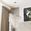 Transparent Crystal Chandelier In Modern Living Room With Wall Artwork Curtains And Green Plant