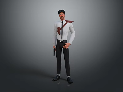 Male Character 3D Model With White Shirt Black Pants Mustache And Pistol Standing Pose 3d model