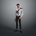 Male Character 3D Model With White Shirt Black Pants Mustache And Pistol Standing Pose