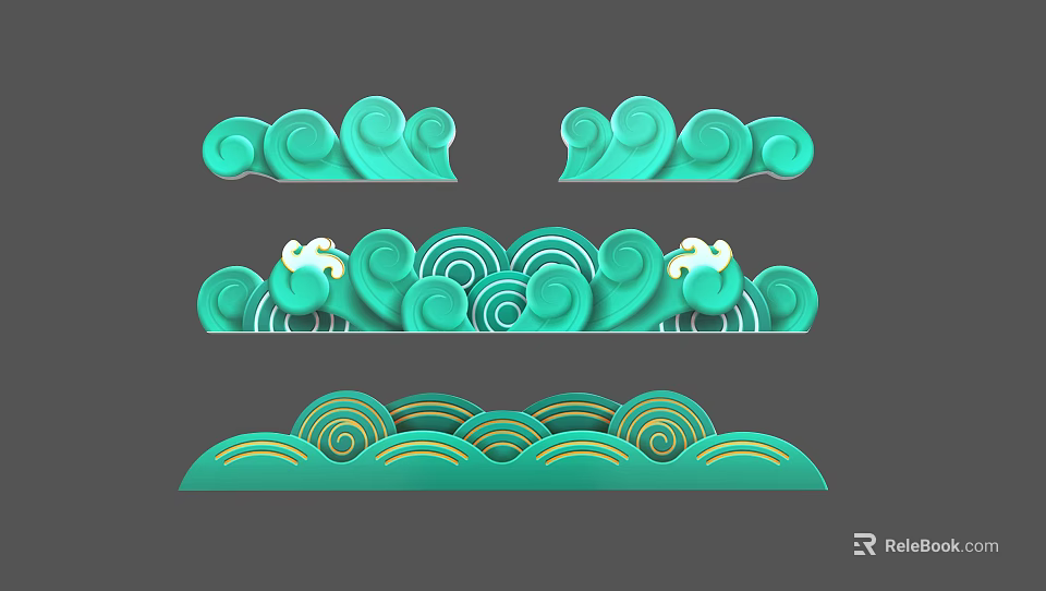 Teal Decorative Wall Ornaments With Spiral Wave Cloud Shapes And Eye Details 3d model 