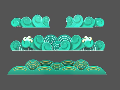 Teal Decorative Wall Ornaments With Spiral Wave Cloud Shapes And Eye Details 3d model