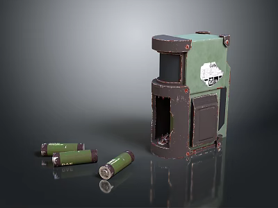 Green Mechanical Device With Open Compartment And Cylindrical Cartridges On Dark Reflective Surface 3d model