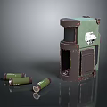 Green Mechanical Device With Open Compartment And Cylindrical Cartridges On Dark Reflective Surface