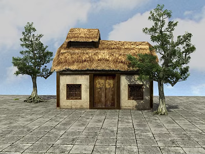 Traditional Thatched House with Wooden Door Stone Slab Ground and Two Trees Under Blue Sky 3d model