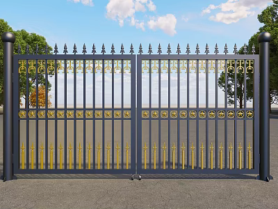 Wrought Iron Swing Gate With Golden Decorations And Black Frame Outdoor 3d model