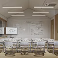 Modern School Classroom Design With Wooden Elements Large Windows Desks Chairs And City View