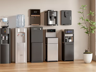 Various Modern Style Water Dispensers In Home Interior With Wooden Floor And Plant 3d model