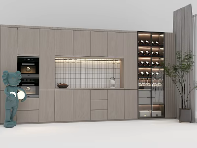 Modern Kitchen Built in Wine Cabinet With Glass Door And Light Wood Storage Design 3d model