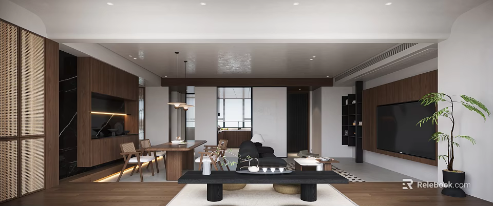 Modern Duplex Living Room Interior With Sofa Dining Table And Lights 3d model