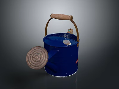 Blue Watering Can With Wooden Handle And Decorative Lid For Household Use 3d model
