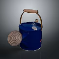 Blue Watering Can With Wooden Handle And Decorative Lid For Household Use