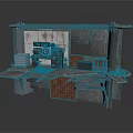 Vintage Industrial Workbench With Rusted Metal Broken Planks Pipes And Stacked Crates