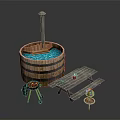Outdoor Wooden Barrel Hot Tub With Picnic Table Grill And Small Tables