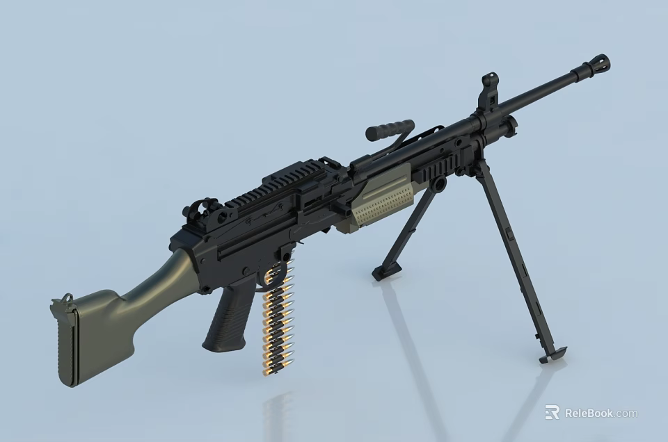 Black Tactical Machine Gun With Tripod Stand And Detachable Magazine 3d model 