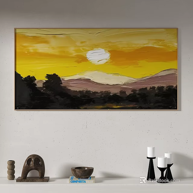 Vibrant Sunset Landscape Painting With Yellow Sky Purple Mountains And Trees 3d model 