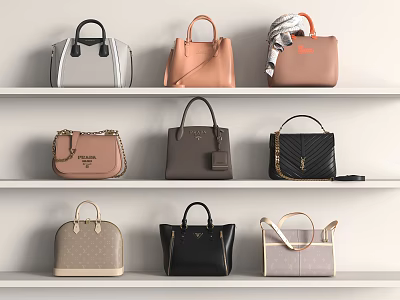 Stylish Handbags On White Shelves With Gray Peach Black Beige Structured Quilted Tote Designs 3d model