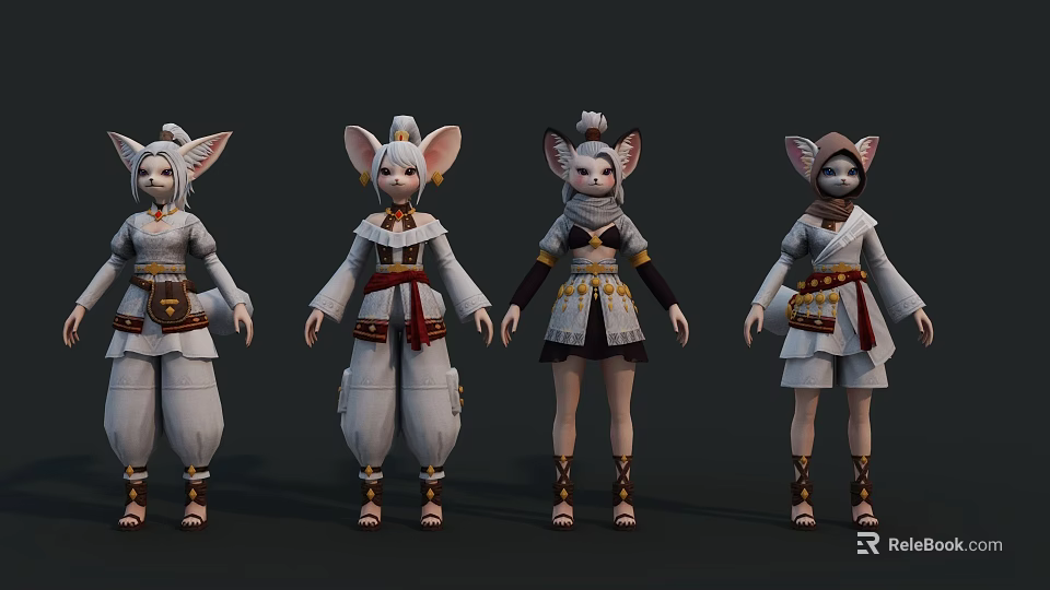 Anthropomorphic Game Movie Characters With Fox Like Ears And Traditional Costume Styles 3d model 