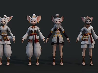 Anthropomorphic Game Movie Characters With Fox Like Ears And Traditional Costume Styles 3d model