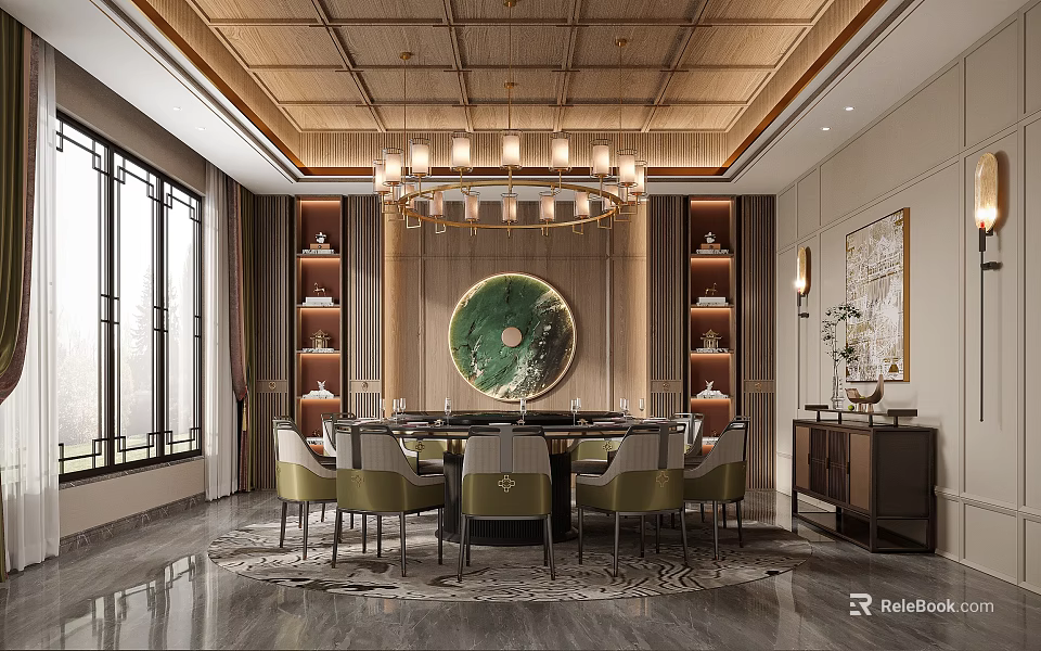 Chinese Style Private Dining Room With Wooden Ceiling Chandelier Round Table And Chairs 3d model 
