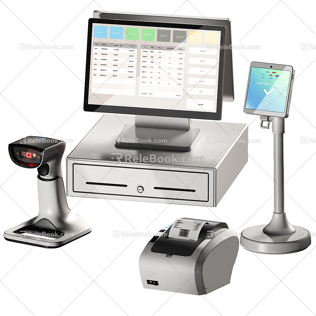 Cash register, code scanning gun, receipt machine model