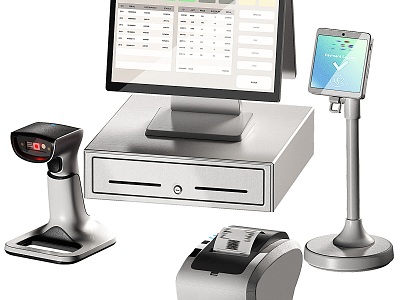 Cash register, code scanning gun, receipt machine model