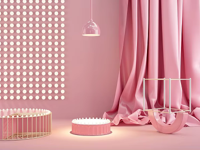 Pink Display Shelves with Golden Frame and Polka Dot Wall for Elegant Product Showcase 3d model
