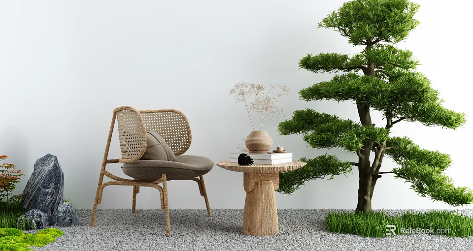 Woven Leisure Chair with Round Side Table Vase Books Green Pine Tree Grass Gravel Floor 3d model 