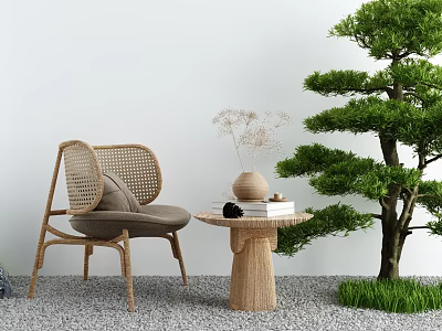 Woven Leisure Chair with Round Side Table Vase Books Green Pine Tree Grass Gravel Floor 3d model