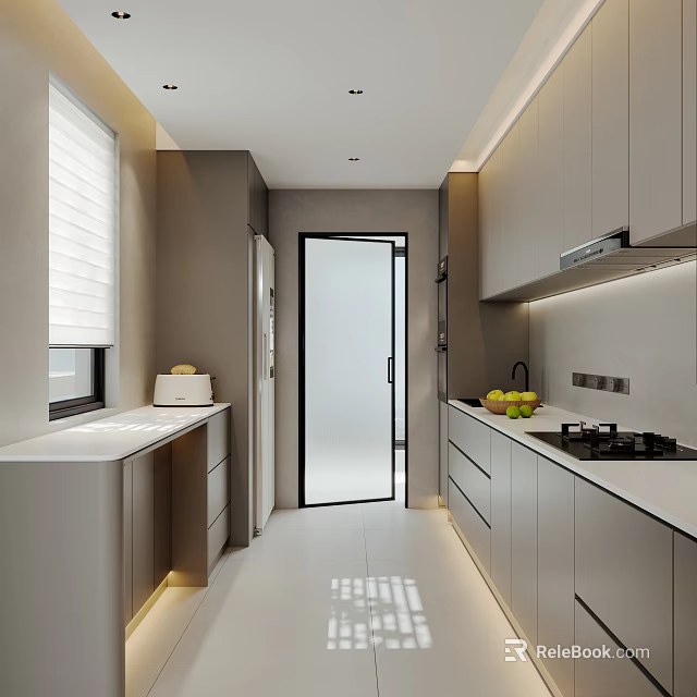 Modern Kitchen Interior With Gray Cabinets White Countertops And Window Blinds 3d model