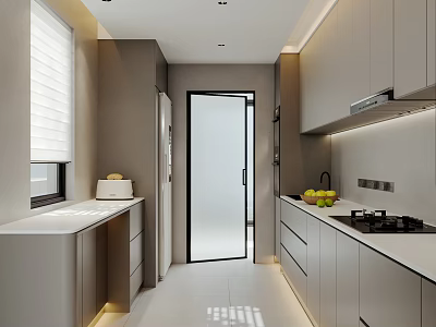 Modern Kitchen Interior With Gray Cabinets White Countertops And Window Blinds 3d model
