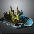 Church Building With Colorful Domes Green Walls Golden Spires And Trees