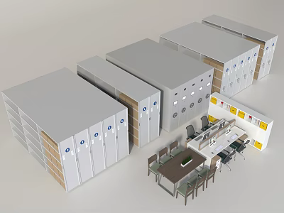 Modern Office Area With Storage Lockers Tables And Chairs Setup 3d model