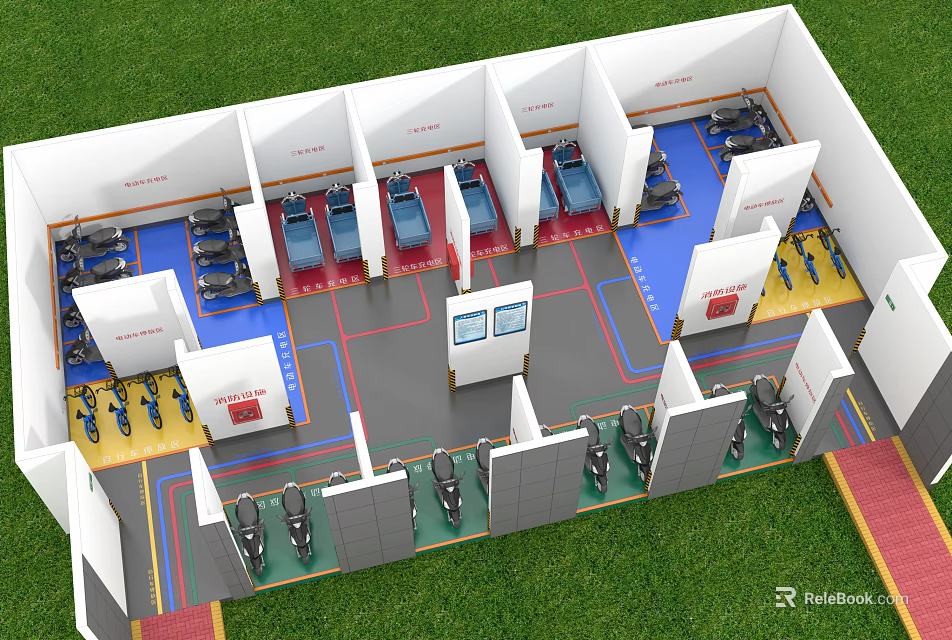 Well Designed Parking Lot Layout With Multiple Color Coded Spaces And Parked Vehicles 3d model 