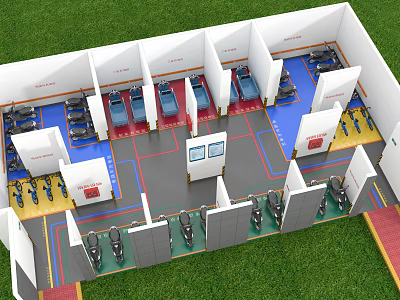 Well Designed Parking Lot Layout With Multiple Color Coded Spaces And Parked Vehicles 3d model