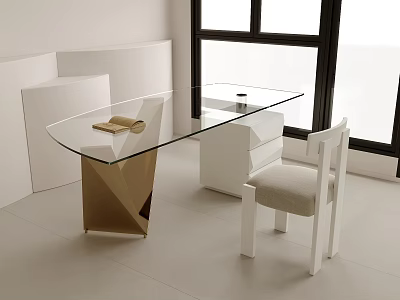 Modern Glass Top Desk With Geometric Golden Base And White Chair In Bright Interior 3d model