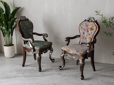 Vintage Style Dining Chairs With Carved Wooden Armrests Patterned Fabric Seats And Green Plants 3d model