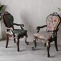Vintage Style Dining Chairs With Carved Wooden Armrests Patterned Fabric Seats And Green Plants