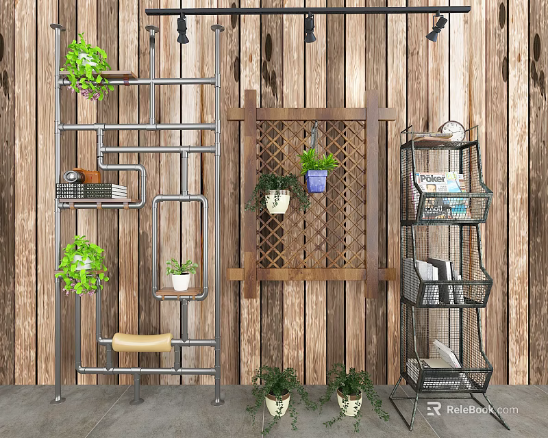 Industrial Multi Tiered Metal Shelving Unit With Potted Plants Books And Wooden Wall Background 3d model 