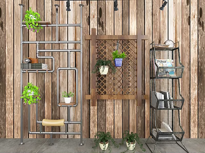 Industrial Multi Tiered Metal Shelving Unit With Potted Plants Books And Wooden Wall Background 3d model