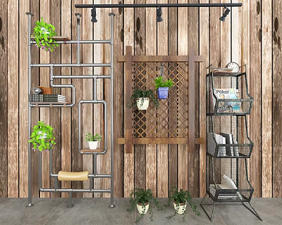 Industrial Multi Tiered Metal Shelving Unit With Potted Plants Books And Wooden Wall Background 3d model