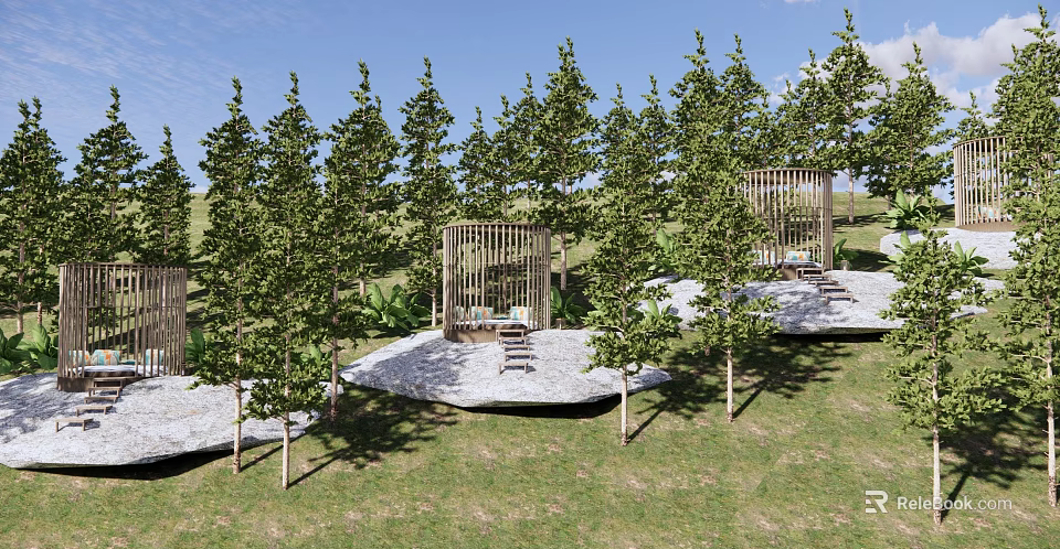 Scenic Park Landscape With Tall Trees Wooden Pavilions Stone Paved Seats And Grassy Lawn 3d model 