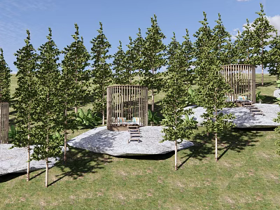 Scenic Park Landscape With Tall Trees Wooden Pavilions Stone Paved Seats And Grassy Lawn 3d model