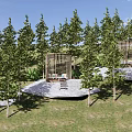 Scenic Park Landscape With Tall Trees Wooden Pavilions Stone Paved Seats And Grassy Lawn