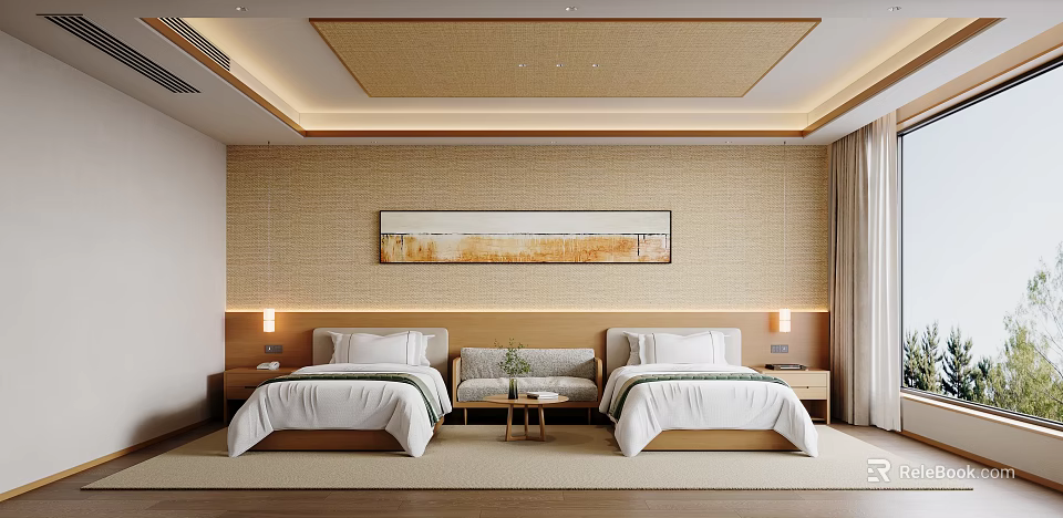 Minimalist Hotel Guest Room With Twin Beds Decorative Painting And Natural Materials 3d model 