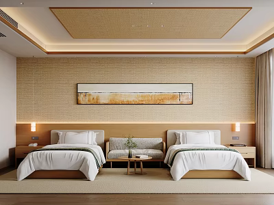 Minimalist Hotel Guest Room With Twin Beds Decorative Painting And Natural Materials 3d model